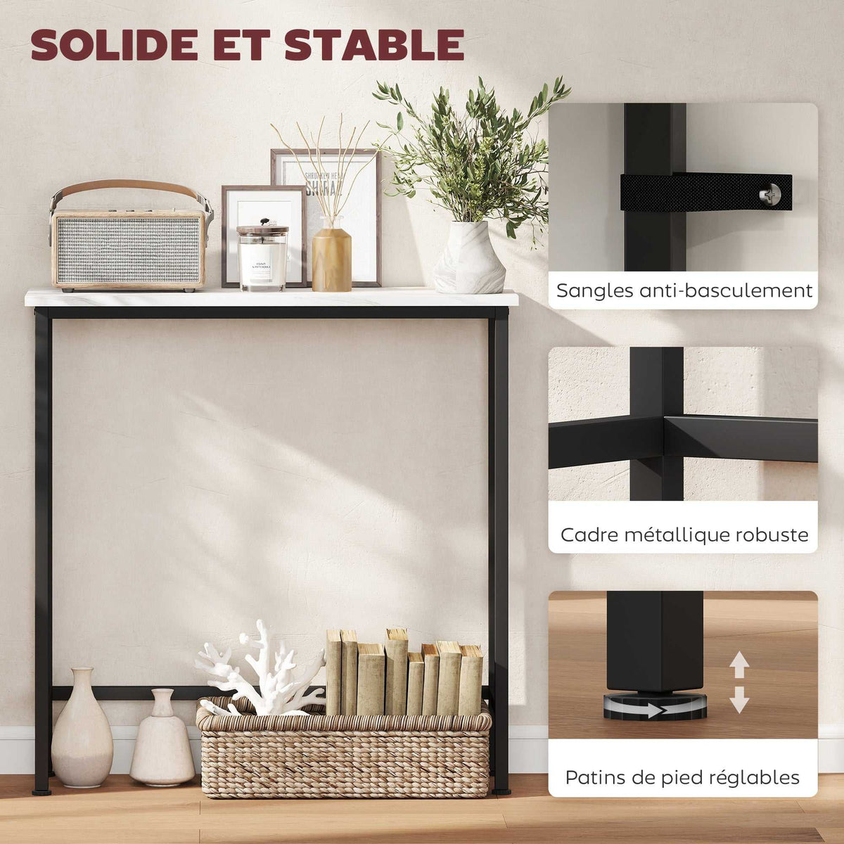 Console meuble 75 cm, table console plateaux en effet marbre, cadre en métal, style moderne blanc et noir-4