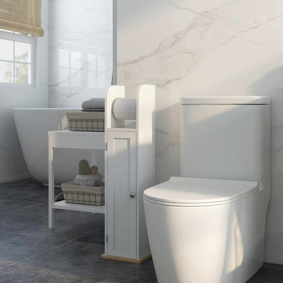 Meuble de salle de bain support papier toilette avec placard et étagères réglables 20 x 20 x 80 cm blanc-7