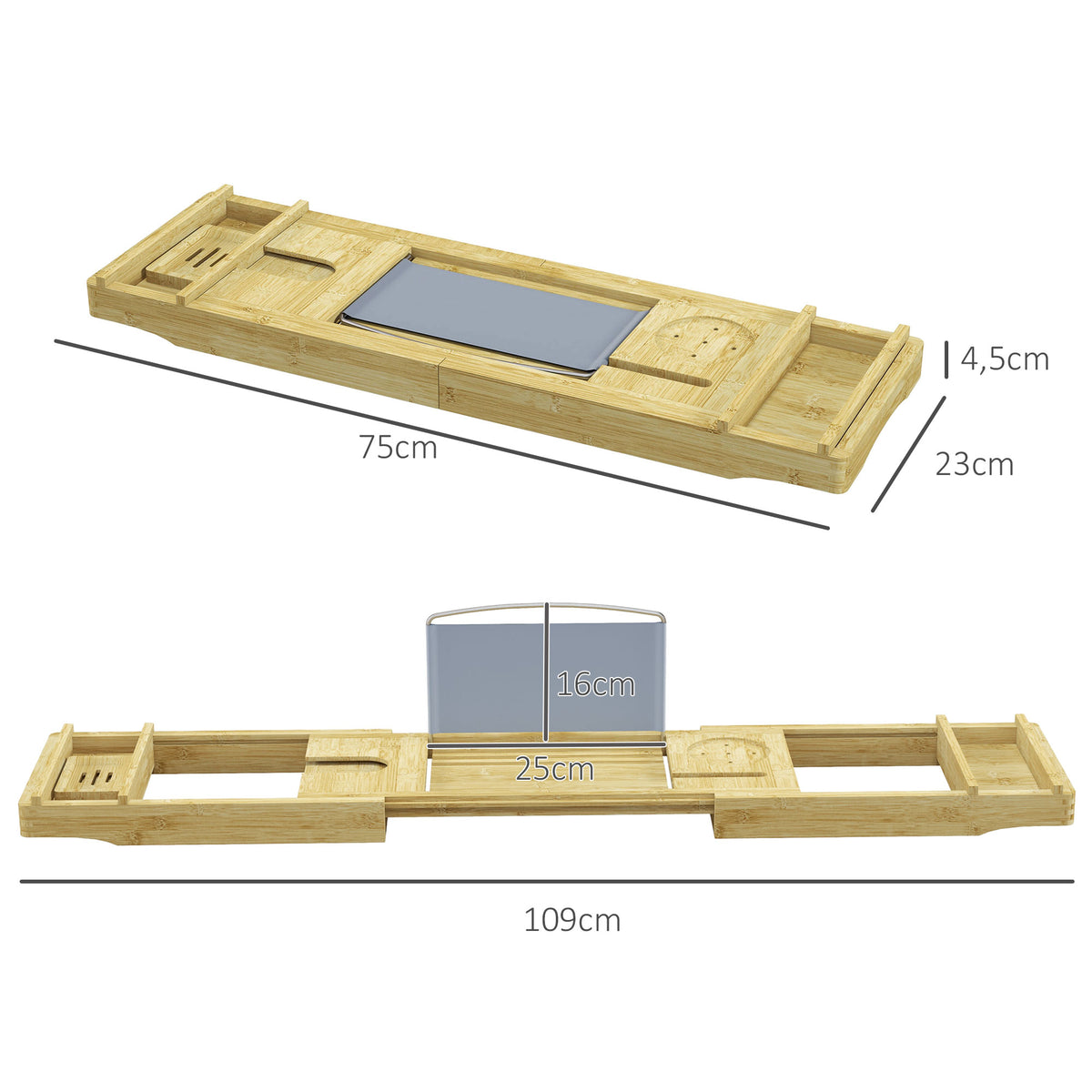 Pont étagère plateau de baignoire extensible en bambou avec porte-gobelet et porte-savon, 75-109 x 23 x 4.5cm-2