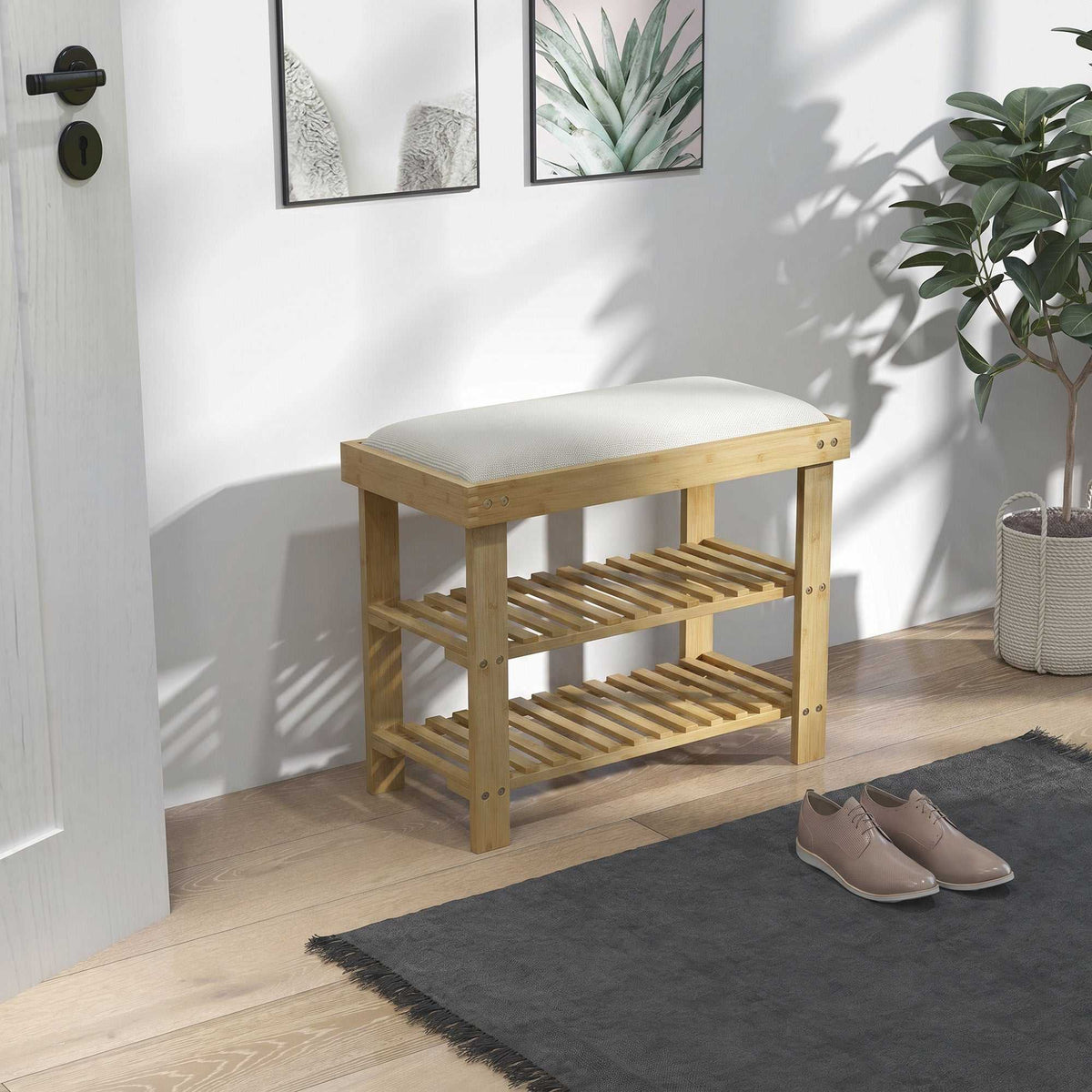 Banc à chaussures en bambou, étagère à chaussures à 3 niveaux, style scandinave, 60 x 29 x 49 cm, crème et bois naturel-1