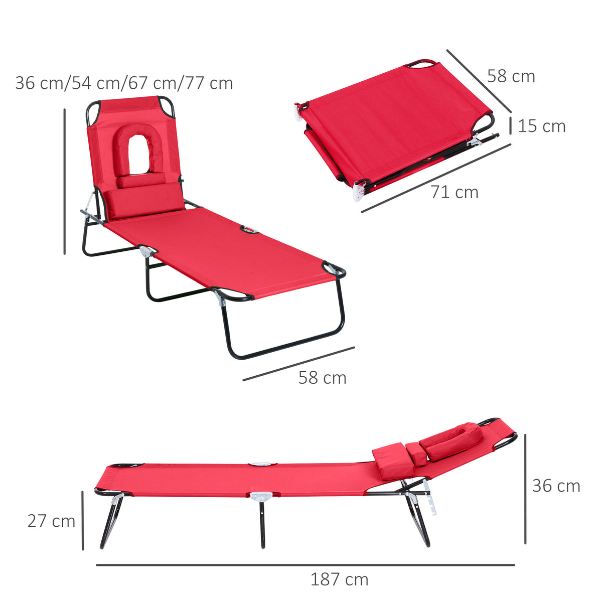 Bain de Soleil Pliable transat inclinable 4 Positions Chaise Longue 3 Coussins fournis Rouge-2