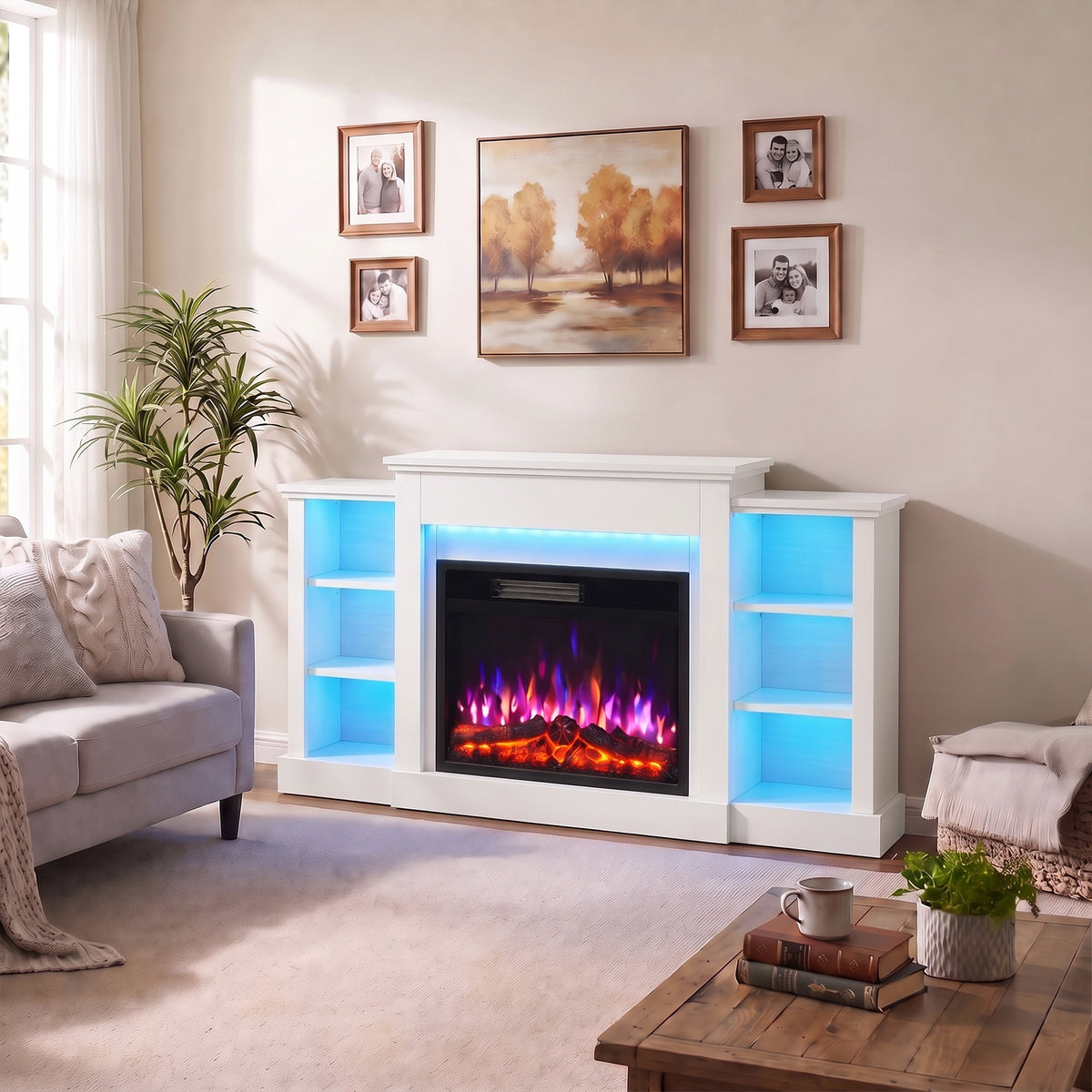 Cheminée Électrique Meuble TV Jusqu'à 65 Pouces avec 6 Étagères Effet Flamme 3D 12 Couleurs Ruban LED RGB Blanc-1