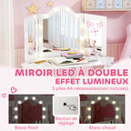 Coiffeuse enfant 2 en 1 avec tabouret miroir triptyque et lumières LED bicolores 93,6 x 48,5 x 111,5 cm blanc-4