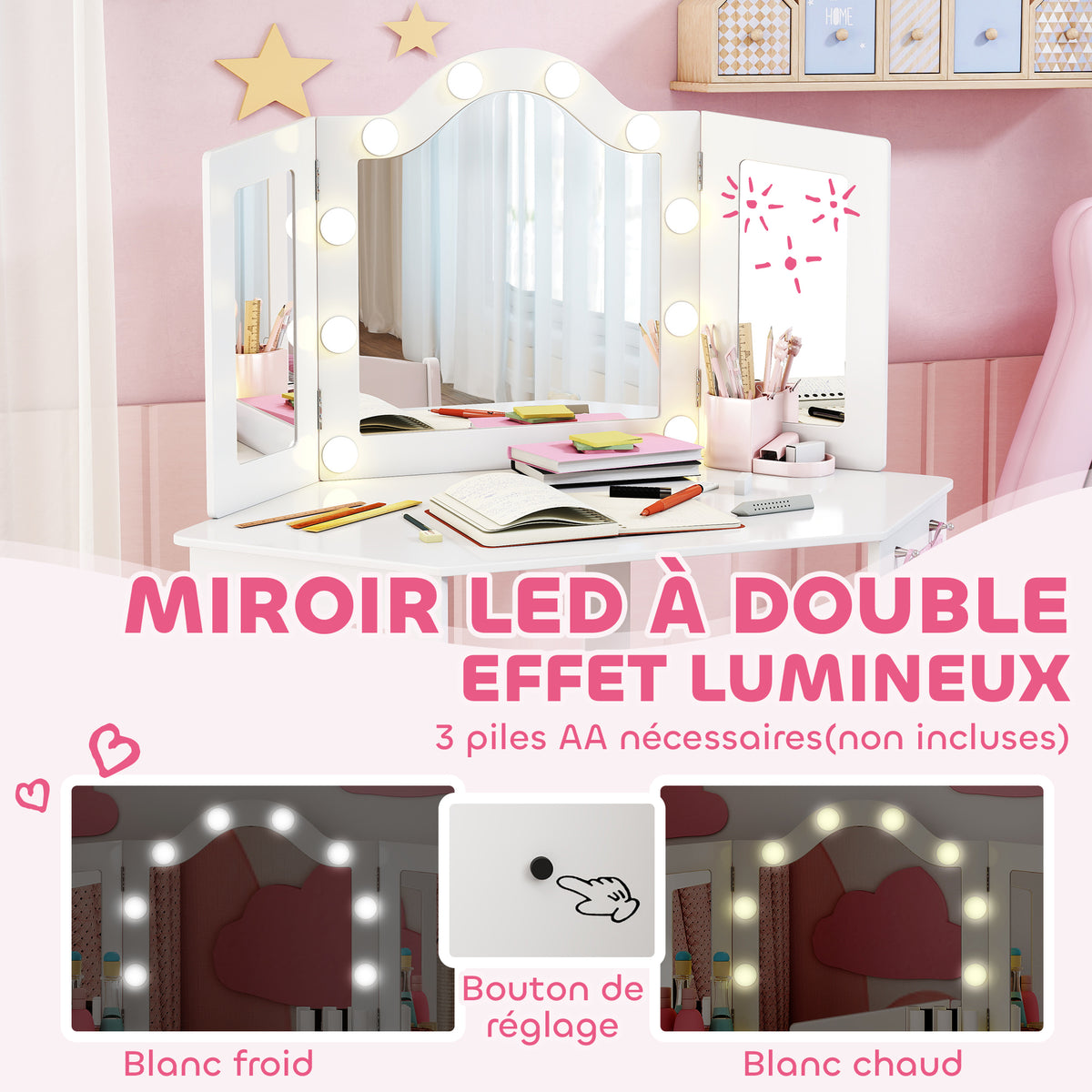 Coiffeuse enfant 2 en 1 avec tabouret miroir triptyque et lumières LED bicolores 93,6 x 48,5 x 111,5 cm blanc-4