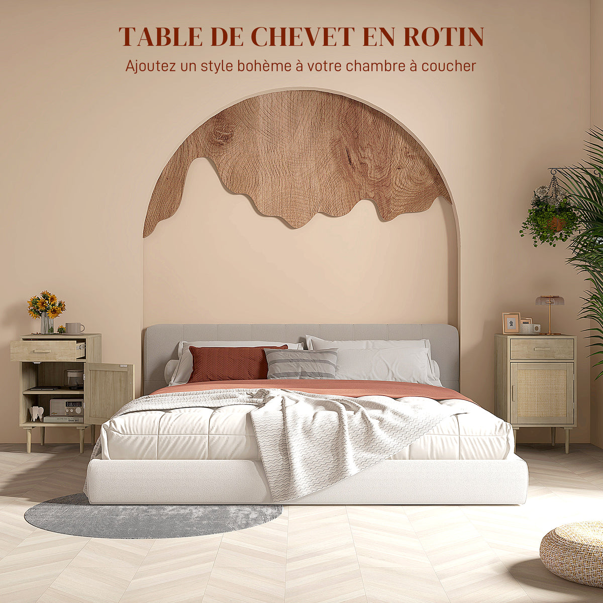 Lot de 2 tables de chevet avec placard et étagère porte rotin tissé 1 tiroir design bohème - 40 x 40 x 68,5 cm naturel-3