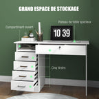 Bureau moderne avec 5 tiroirs, grand plateau, 1 compartiment ouvert, tiroir verrouillable, 110 x 50 x 76cm, blanc-3