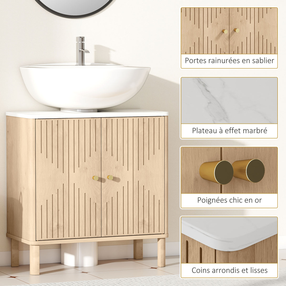 Meuble sous lavabo meuble de salle de bain sous vasque étagère réglable plan de toilette effet marbre 60x30x63cm chêne-5
