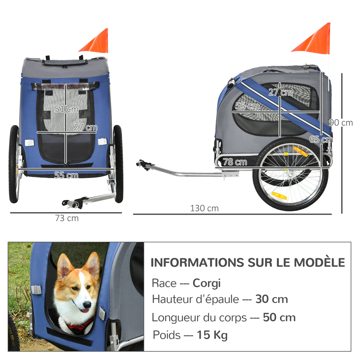 Remorque vélo pour chien animaux 8 réflecteurs drapeau barre attelage inclus acier polyester imperméable max. 30 Kg 130L x 73l x 90H cm bleu-2