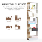 Bibliothèque Étagère de Rangement avec 5 Compartiments Ouverts Design Simple Moderne Blanc et Chêne-5