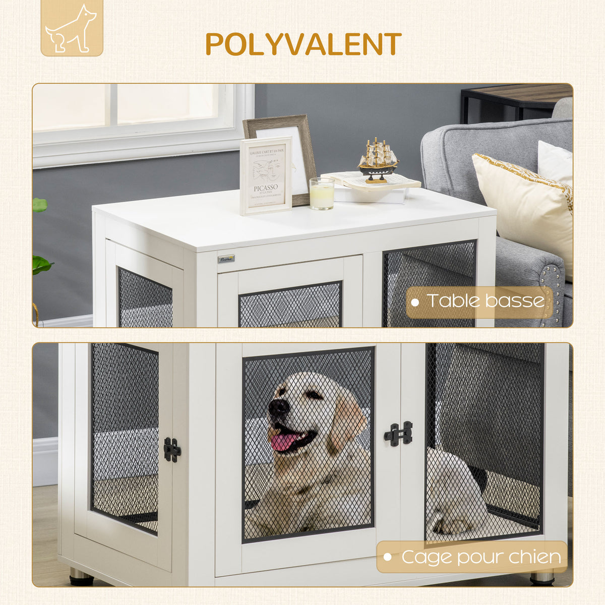 Cage pour chien cage de chien sur pied avec coussin amovible acier noir et blanc - 94 x 60 x 71,5 cm-4