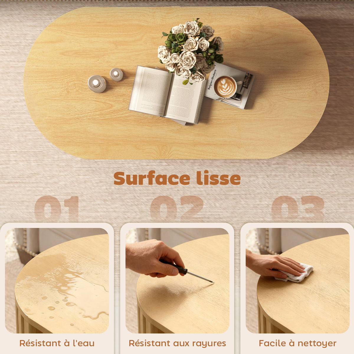 Table basse ovale, table de salon avec rangement, coins arrondis, design lattes, 100 x 50 x 40 cm, effet bois naturel-5
