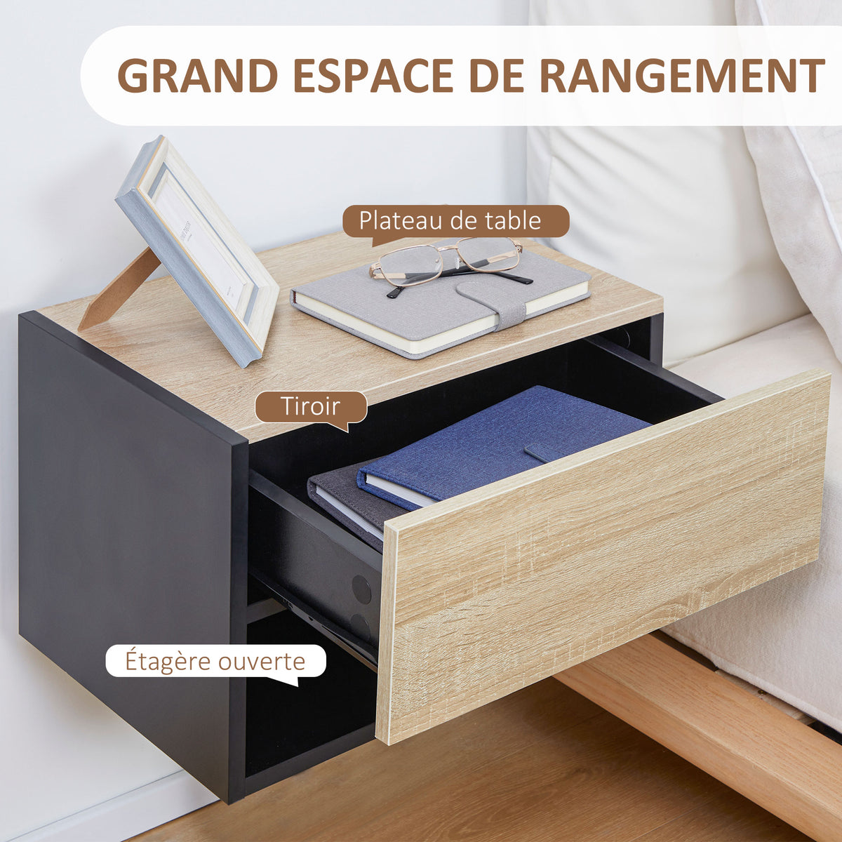 Lot de 2 Tables de Chevet murales - Lot de 2 Tables de Nuit - tiroir Coulissant, étagère, Bicolore Aspect chêne Noir-4