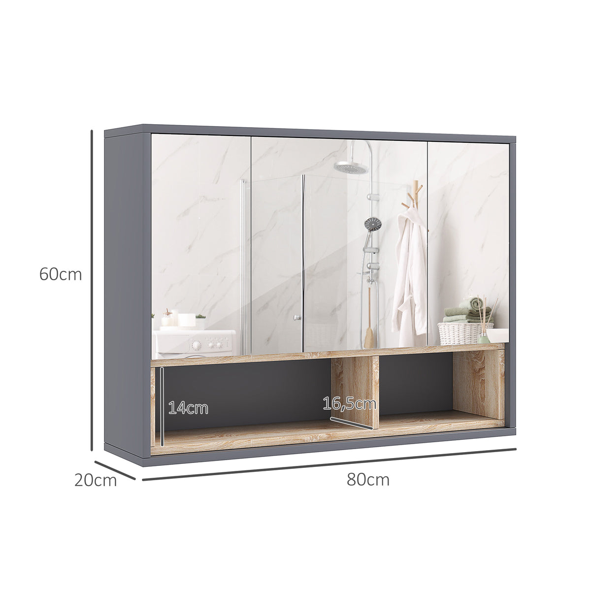 Meuble salle de bain avec miroir, armoire toilettes murale avec placards à 3 portes et 8 compartiments, gris-2