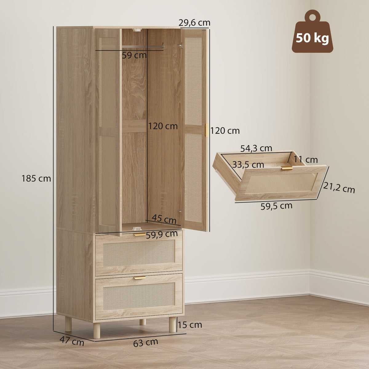 Armoire chambre penderie avec 2 portes en rotin, 2 tiroirs et barre de suspension, 63 x 47 x 185 cm, bois naturel-2