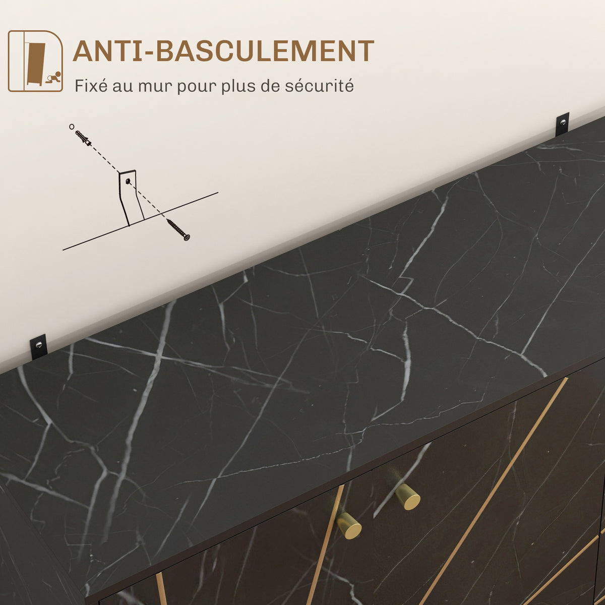Meuble de rangement buffet salon avec 2 placards 3 portes et étagère réglable, pieds en métal, aspect marbre noir-6
