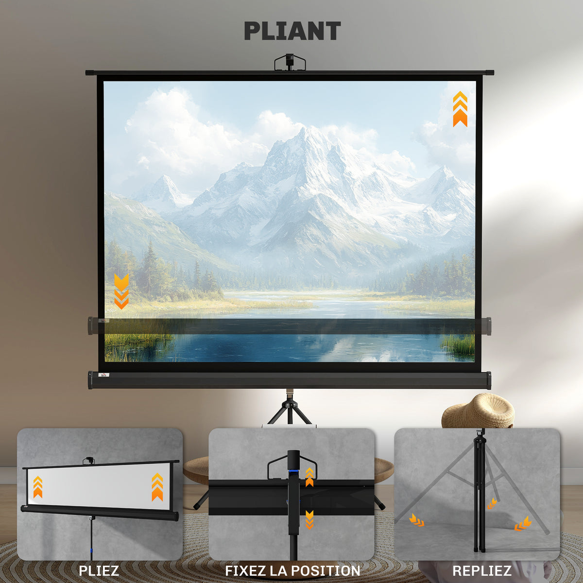 Écran de projection 84 pouces avec support trépied hauteur réglable, écran 4K HD 4:3, en intérieur/à l'extérieur-3