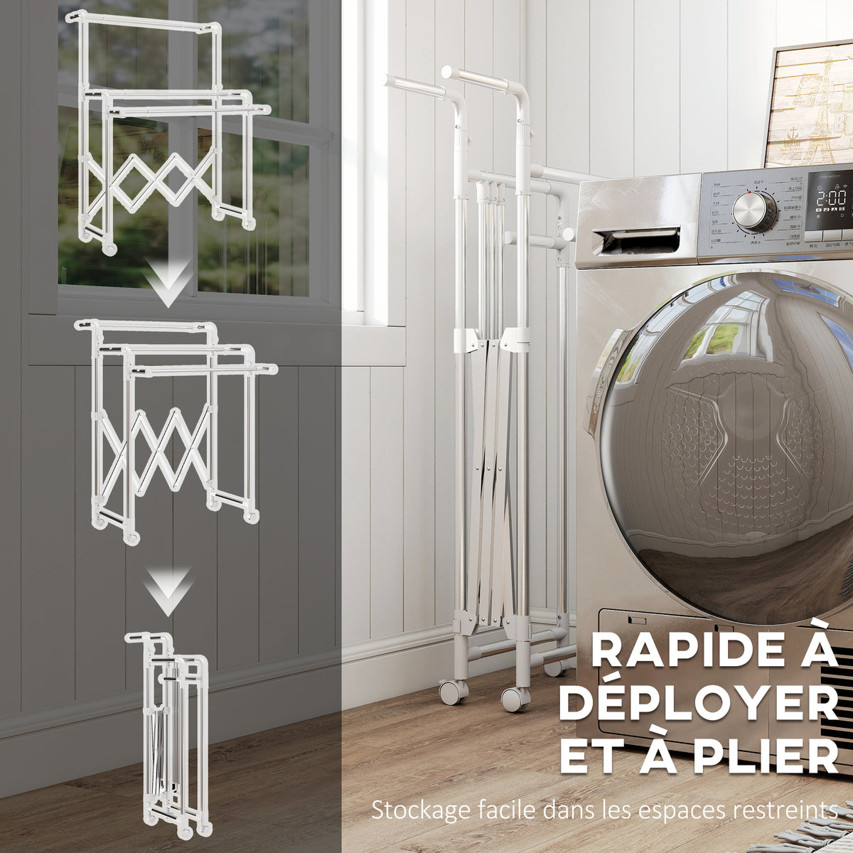 Séchoir à linge pliable étendoir linge intérieur à 3 barres réglables et 4 roulettes 104-150 x 103 x 145-197 cm argent-4