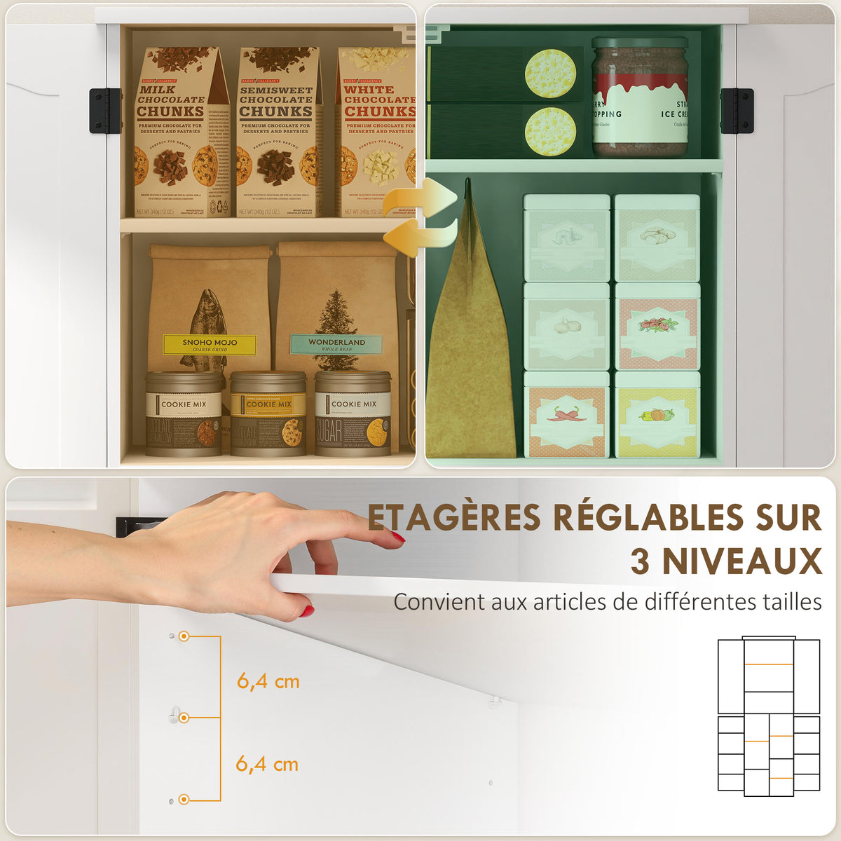 Buffet haut cuisine, armoire de cuisine, 4 portes, 10 niches, 8 porte-épices et étagères réglables, 60x35x162cm, blanc-4