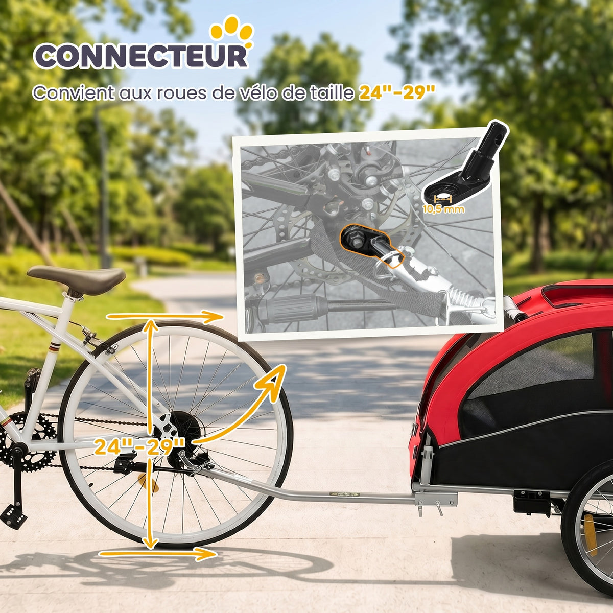 Remorque Vélo Chien 2-en-1 pour Chien Moyen avec Suspension, Pneus à Dégagement Rapide, Réflecteurs, 160x71x101cm, Rouge-6