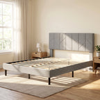 Cadre de Lit 140 x 190 cm avec Sommier et Tête Réglable, Lit Double Rembourré en Lin, Rangement au-dessous, Gris-1