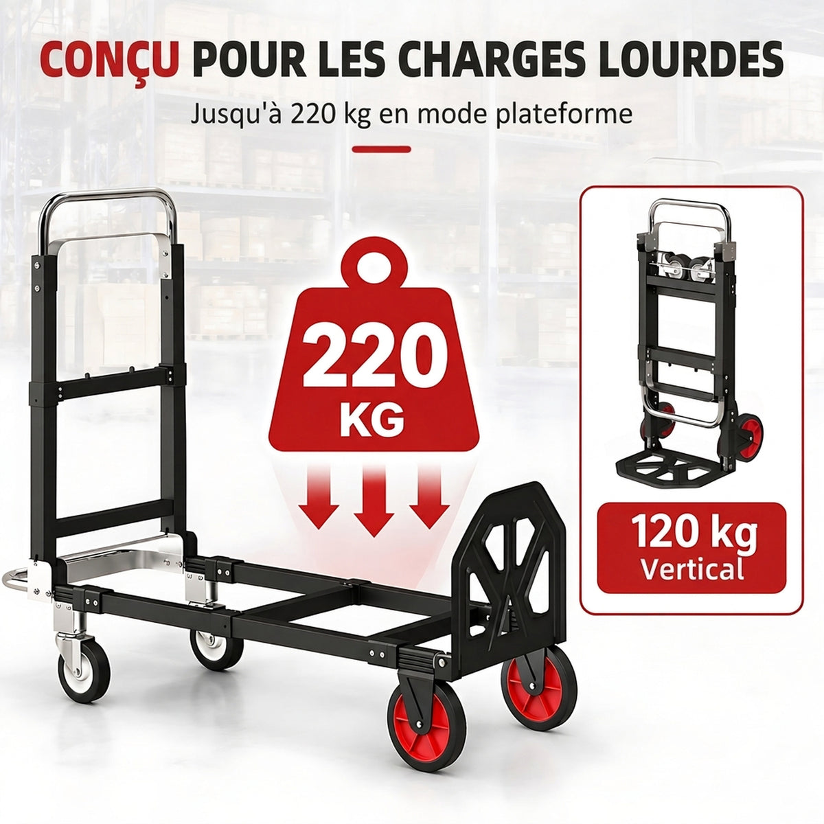 Diable Pliable 2 en 1 Extensible 220KG Pliage Plat Chariot Plateforme Acier Poignée Réglable Roues 360° 112x41x92cm Noir-4