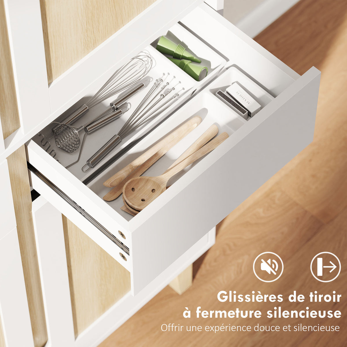 Buffet haut cuisine, armoire de cuisine avec 4 portes, 2 tiroirs et étagères réglables, 80x35x170cm, blanc et chêne-5