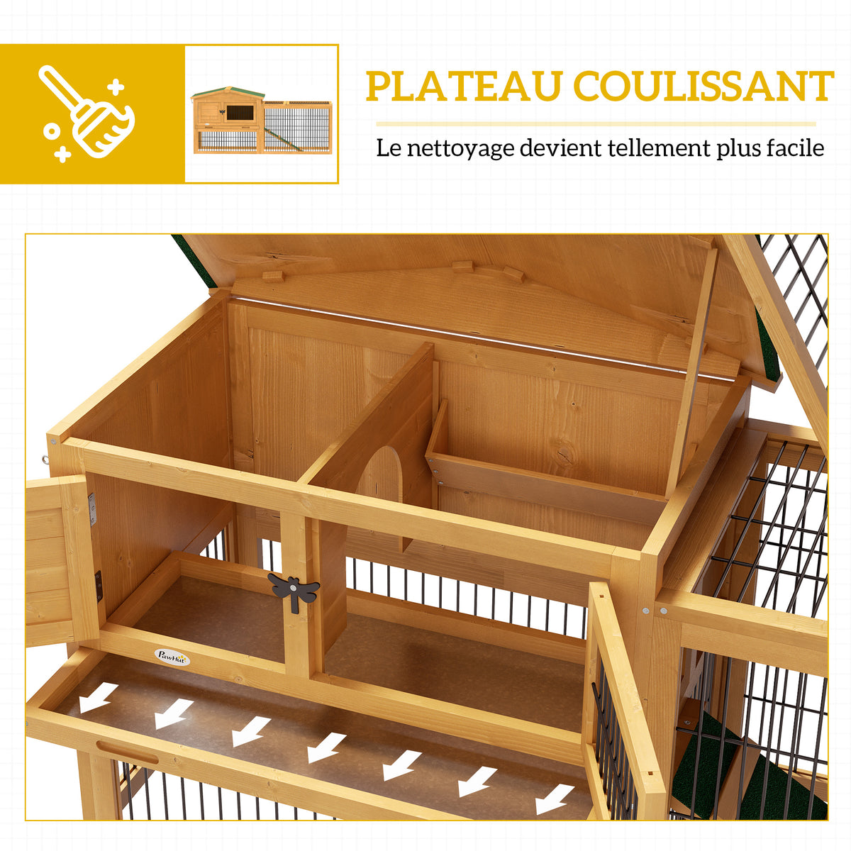Clapier de sol cage à lapin niche supérieure avec rampe enclos extérieur porte verrouillable 150 x 52,5 x 68 cm jaune-5