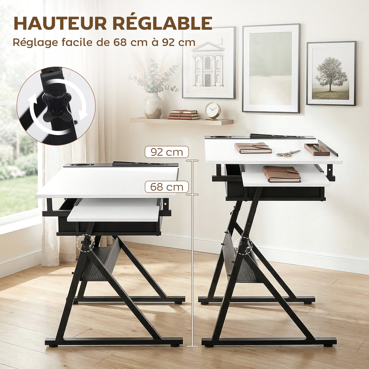 Table à dessin avec tabouret et 2 tiroirs, hauteur réglable, plateau inclinable 0° à 60°, 120 x 60 x 68-92 cm, blanc-5