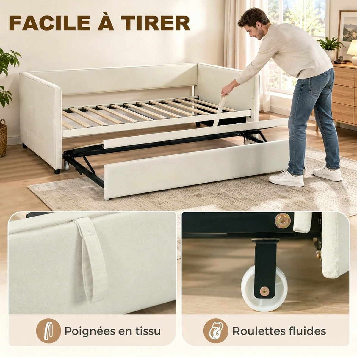 Cadre de lit canapé-lit 2 en 1, canapé 2 places et lit double, deux matelas compatible de 90 x 190 cm-4