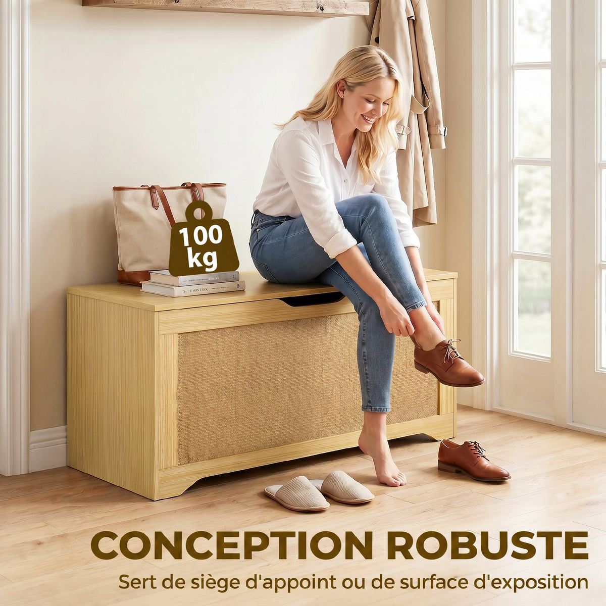 Coffre de Rangement en Rotin 136L, Banc Coffre avec Couvercle Relevable et 2 Charnières de Sécurité, Chêne-6