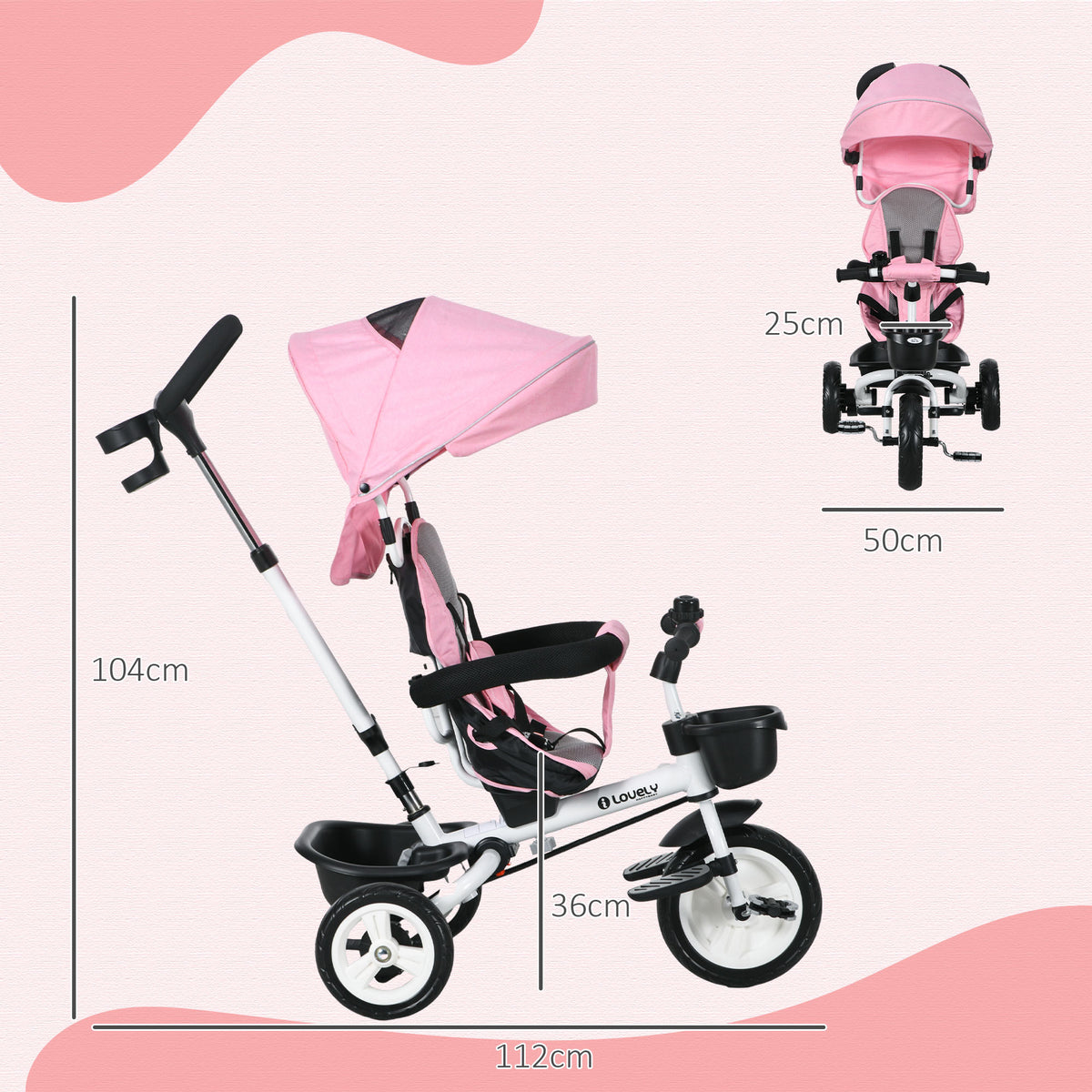 Tricycle bébé évolutif 6 en 1, tricycle enfant pliable, poignée parentale, siège réversible, 112x50x104cm, rose-2