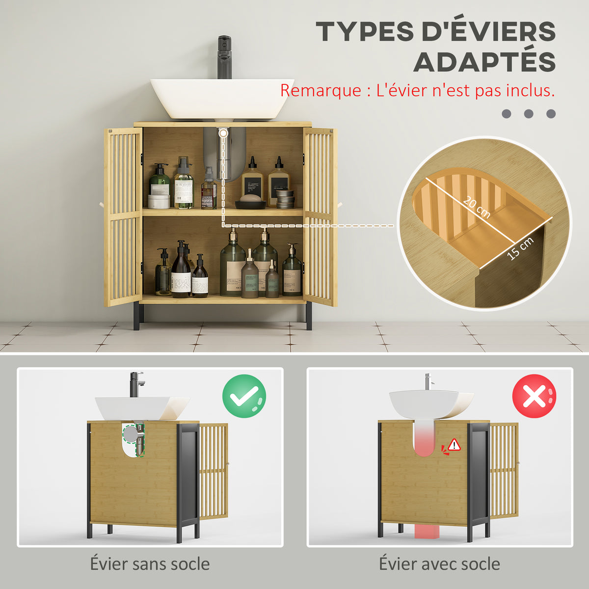 Meuble sous vasque 2 portes avec étagère réglable armoire de rangement pour lavabo 60 x 30 x 70 cm MDF et bambou-3