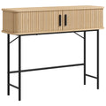 Console meuble, table console avec portes coulissantes à lattes et pieds en acier, pour salon, chêne et noir-0