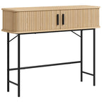 Console meuble, table console avec portes coulissantes à lattes et pieds en acier, pour salon, chêne et noir-0