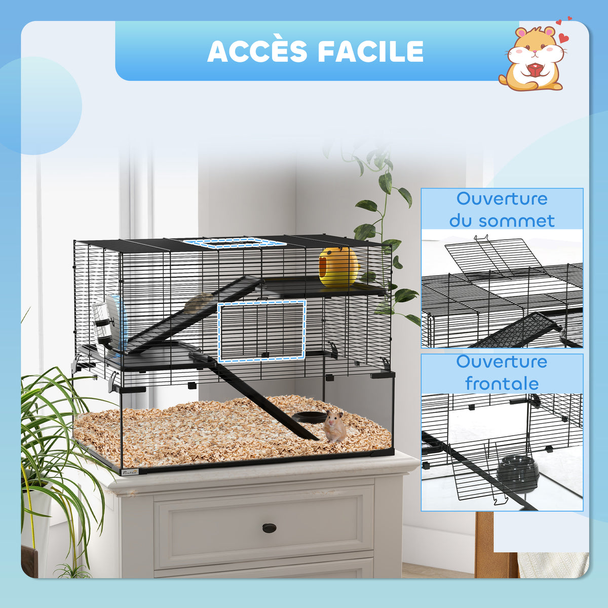 Cage hamster cage rongeur 3 niveaux avec roue rampes maisonnette abreuvoir mangeoire 76,5L x 48,5l x 54,5H cm noir-6