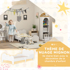 Lit enfant lit au sol enfant 70x140 cm avec barrière de sécurité, sommier à lattes inclus et décorations de nuage, blanc-5