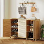 Meuble à chaussures en bambou 18 paires, armoire à chaussures avec portes persiennes et étagères réglables, bois naturel-8