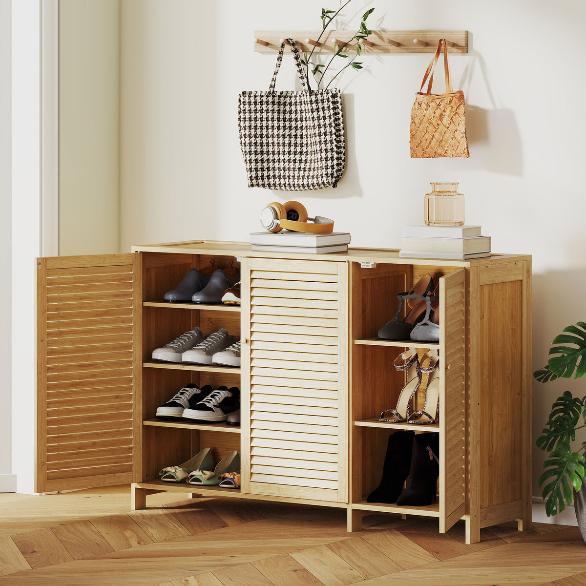 Meuble à chaussures en bambou 18 paires, armoire à chaussures avec portes persiennes et étagères réglables, bois naturel-8