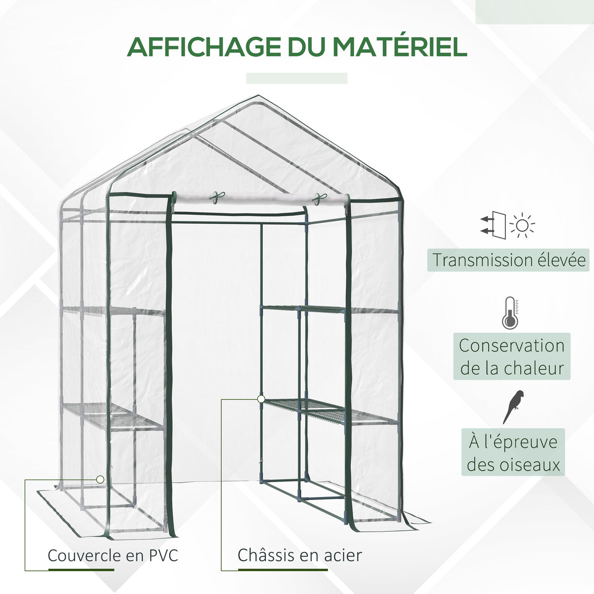 Serre jardin étagères 3 niveaux, balcon, châssis acier, porte zippée, int./ext., 143x143x195cm, transparent-3
