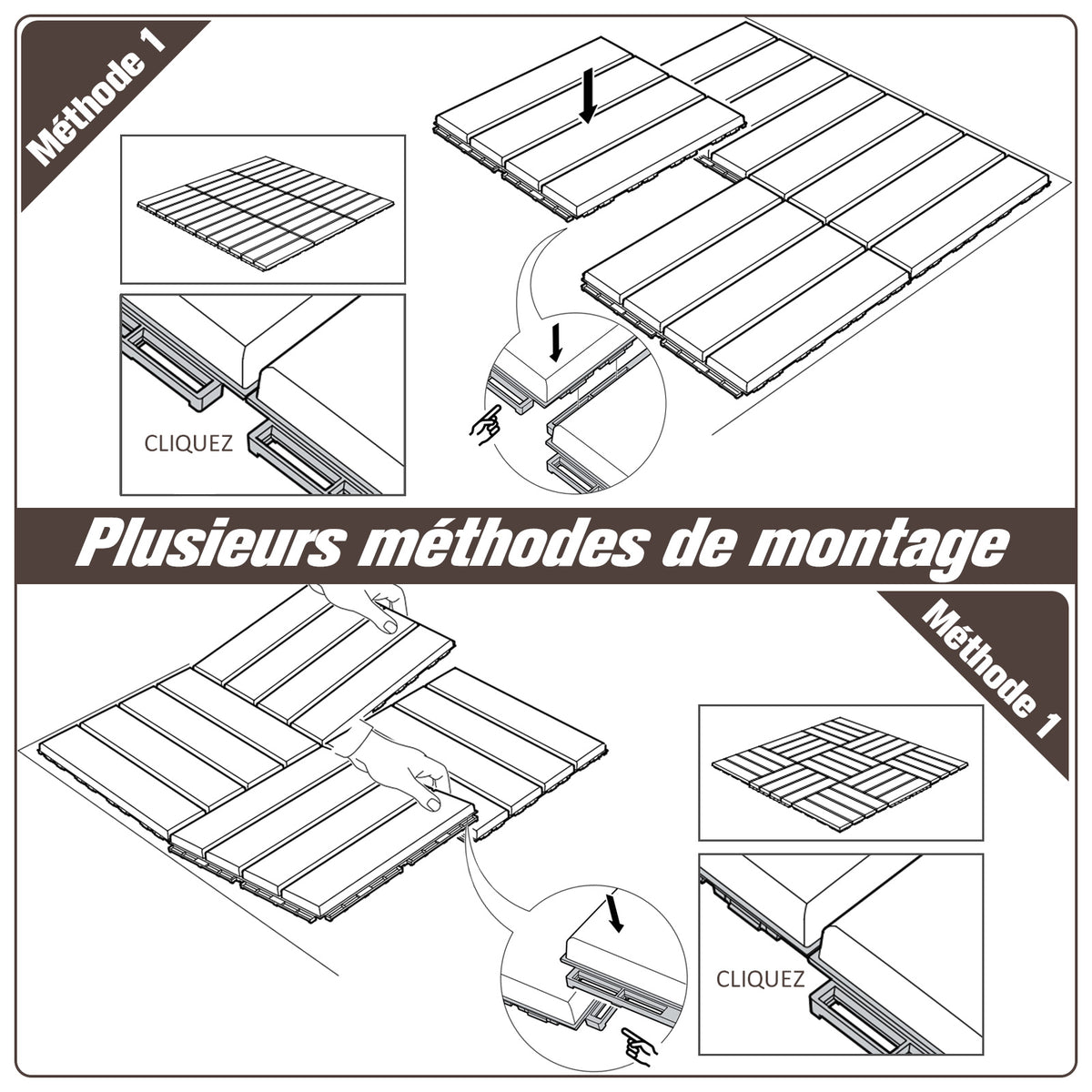 Caillebotis - Dalles terrasse - Lot de 9 - emboîtables, Installation très Simple - Petits Carreaux Composite Plastique Imitation Bois Chocolat-3