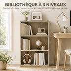 Bibliothèque étagère de rangement avec 3 compartiments et étagère réglable, 60 x 24 x 93 cm, bois naturel-4