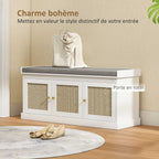 Banc chaussures entrée 9 paires, banc de rangement, 3 portes en rotin, coussin et étagère réglable, 105x35x47cm, blanc-3
