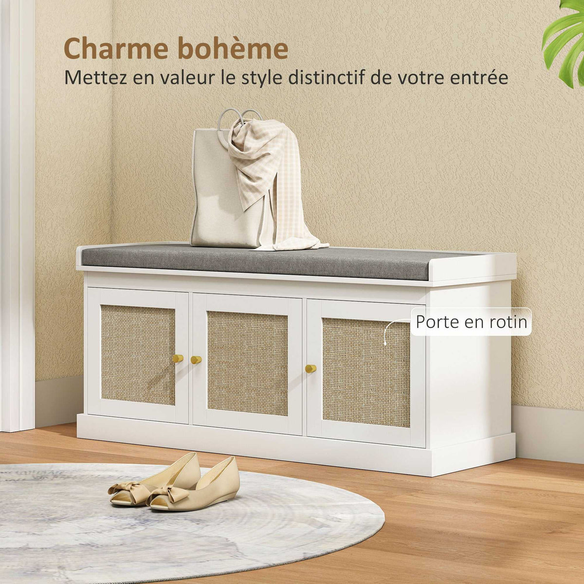Banc chaussures entrée 9 paires, banc de rangement, 3 portes en rotin, coussin et étagère réglable, 105x35x47cm, blanc-3