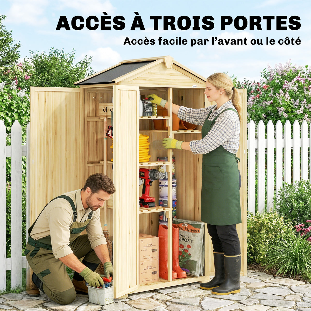 Armoire de Jardin Extérieur en Bois 3 Portes, 4 Étagères, Toit à Pignon, Compartiment, 93x53x168cm, Naturel-3