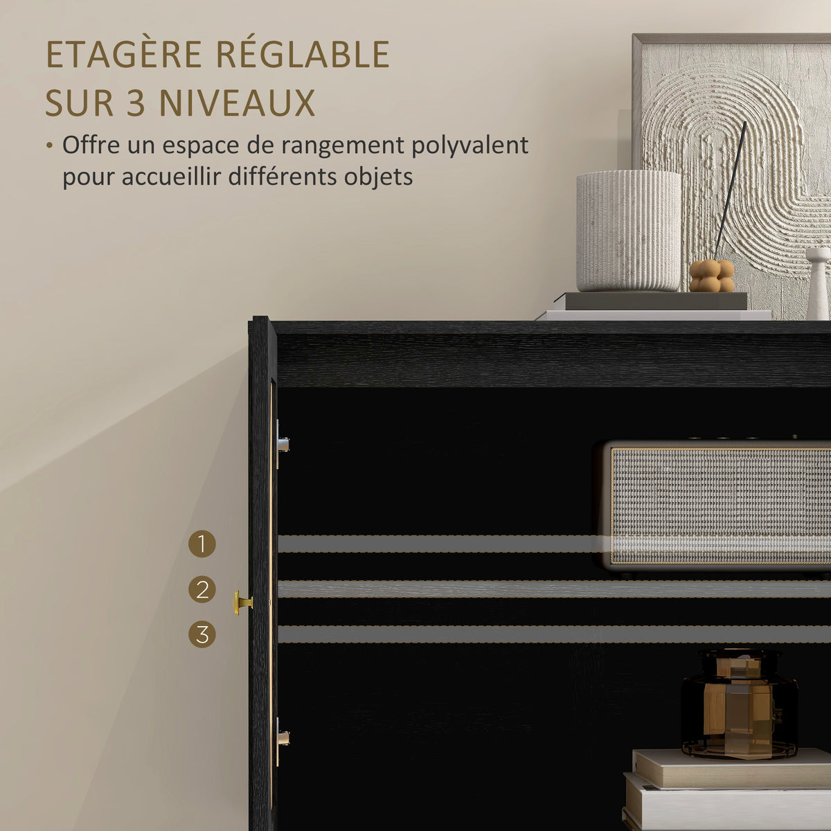 Buffet de cuisine meuble de rangement design bohème double portes avec 2 niveaux, façade en rotin 80 x 38 x 79 cm noir-5