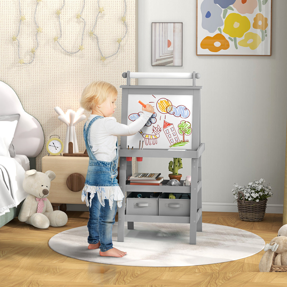 Tableau chevalet enfant 3 en 1 avec tableau blanc magnétique, tableau à craie, rouleau papier, 2 paniers, 3-6 ans, gris-1