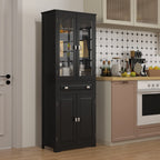 Buffet haut armoire de cuisine 4 portes dont 2 portes vitrées et 1 tiroir hauteur 160 cm avec étagères en bois noir-1