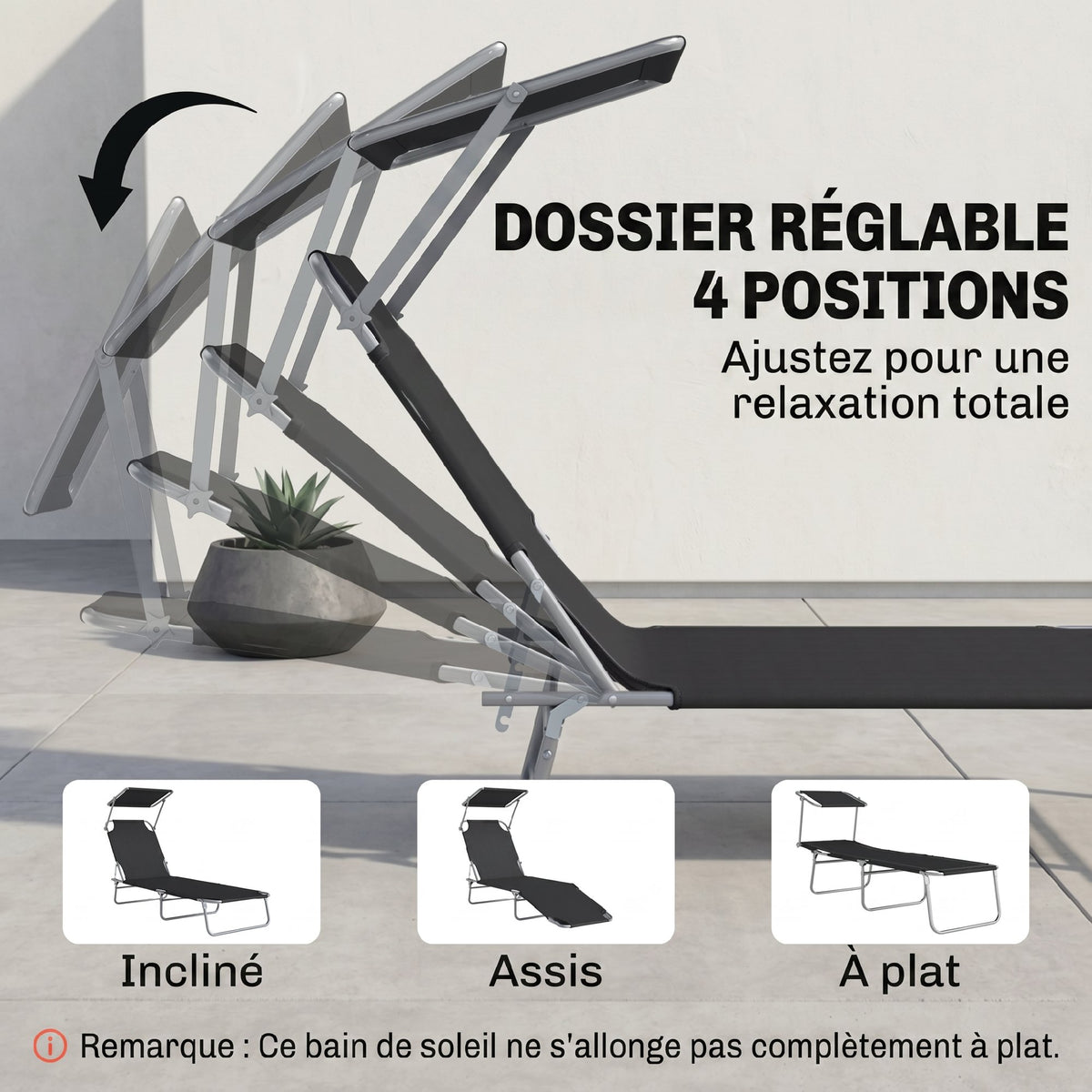 Transat Bain de Soleil Pliable Chaise Longue Pliante Grand Confort Dossier Inclinable Multi-positions et Pare-Soleil réglable Dim. 187L x 58l x 36H cm Noir-4