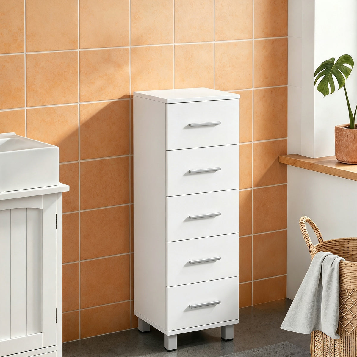 Meuble de Salle de Bain 5 Tiroirs, Meuble de Rangement, 30 x 30 x 95 cm, Commode Salle de Bain, 30 x 30 x 95 cm, Blanc-1