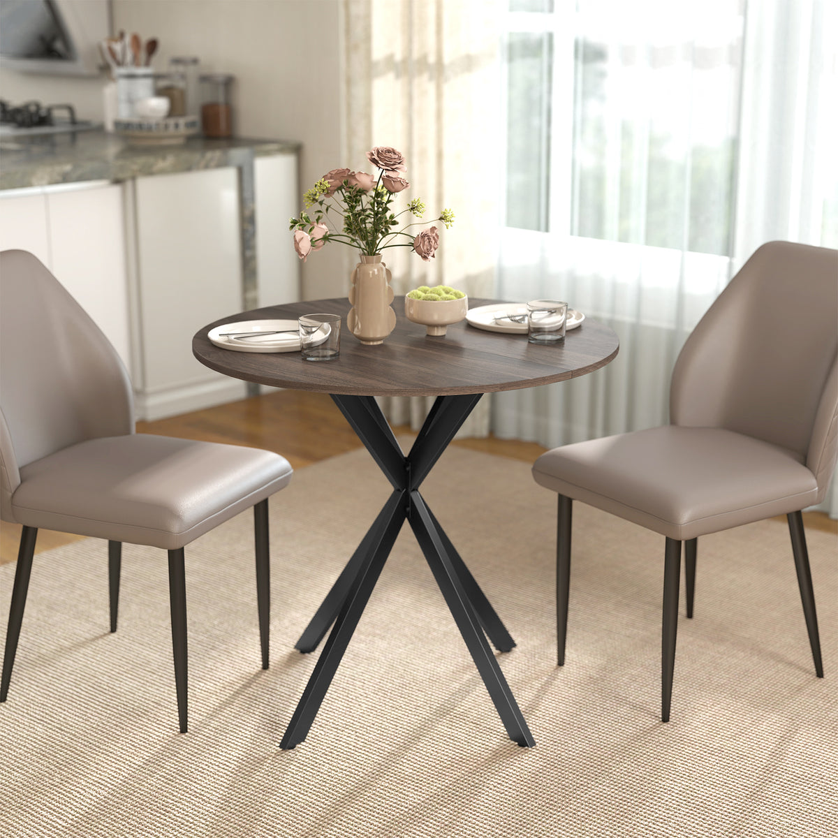 Table à Manger Ronde pour 2 Personnes avec Plateau Aspect Bois et Piètement Croisé en Acier, Marron-8
